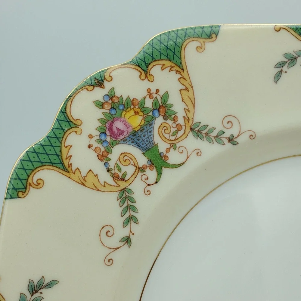 Gebruder Benedikt Czechoslovakia Bread Plate Gilt‎ Green Border Floral Basket 7